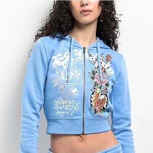 Ed Hardy baby blue cropped  Graphic Zip-Up Hoodie